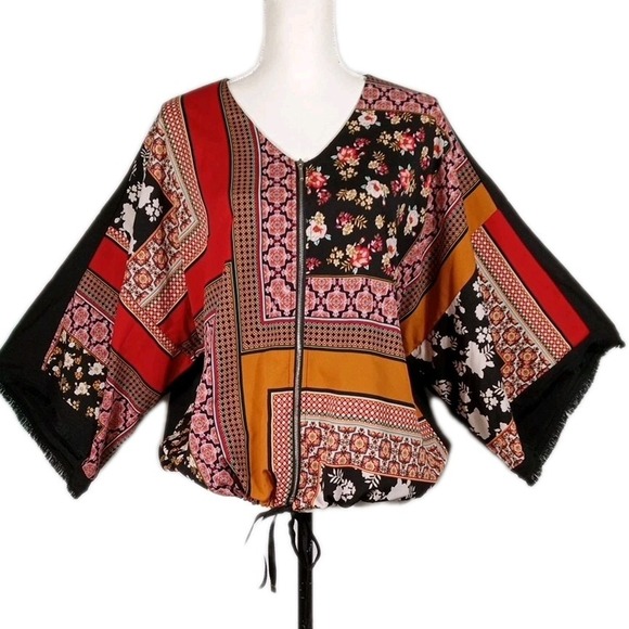 Chico's Tops - CHICOS 2 Kimono Sleeve Patchwork Zip Front Blouse Sz  L Geometric Floral Boho